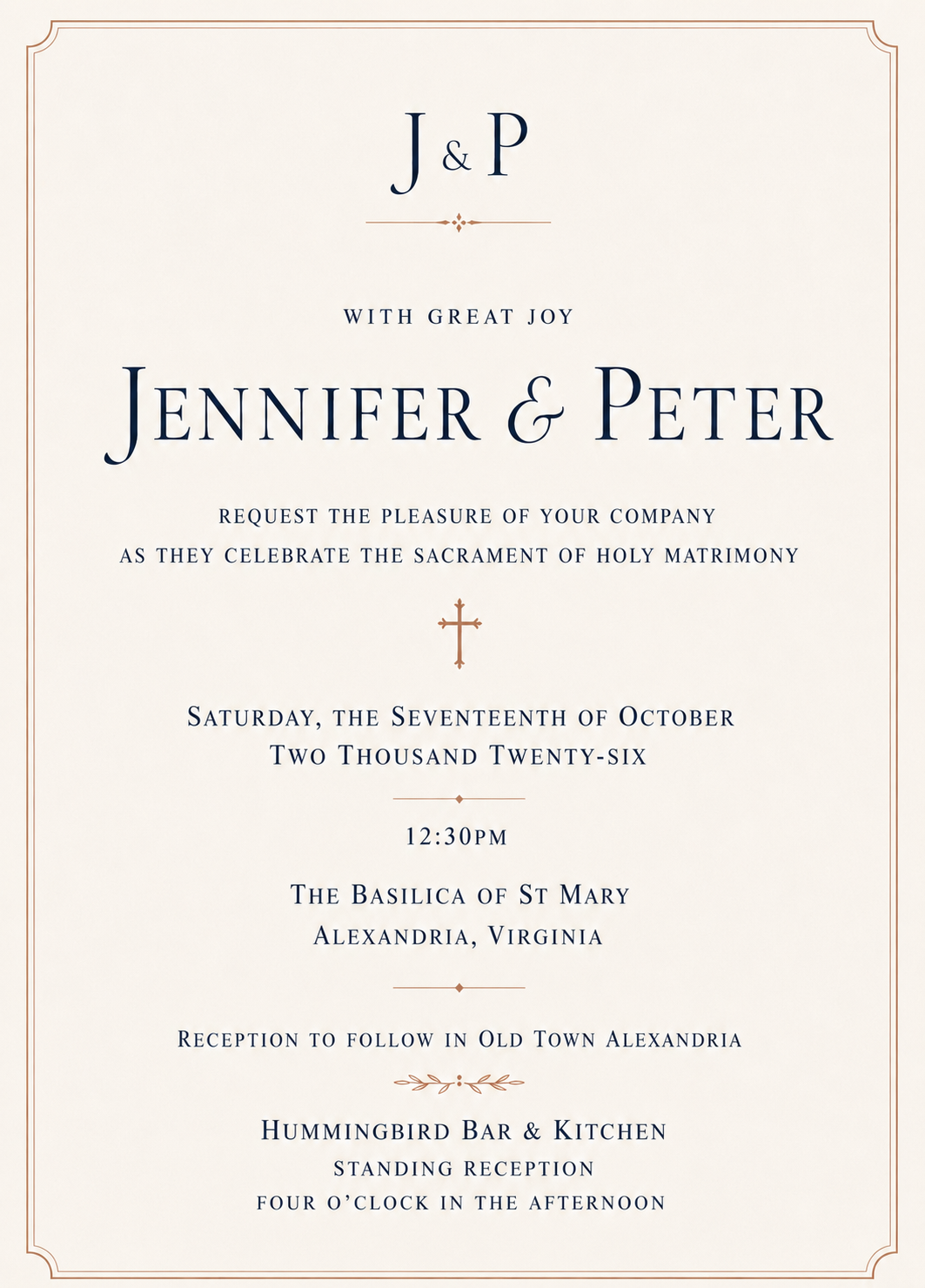 Official wedding invitation for Jennifer and Peter with the reception at four o’clock in the afternoon